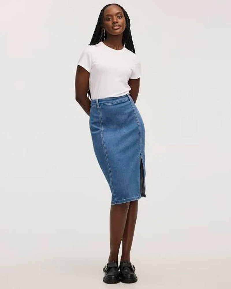 Denim Pull-On Midi Skirt