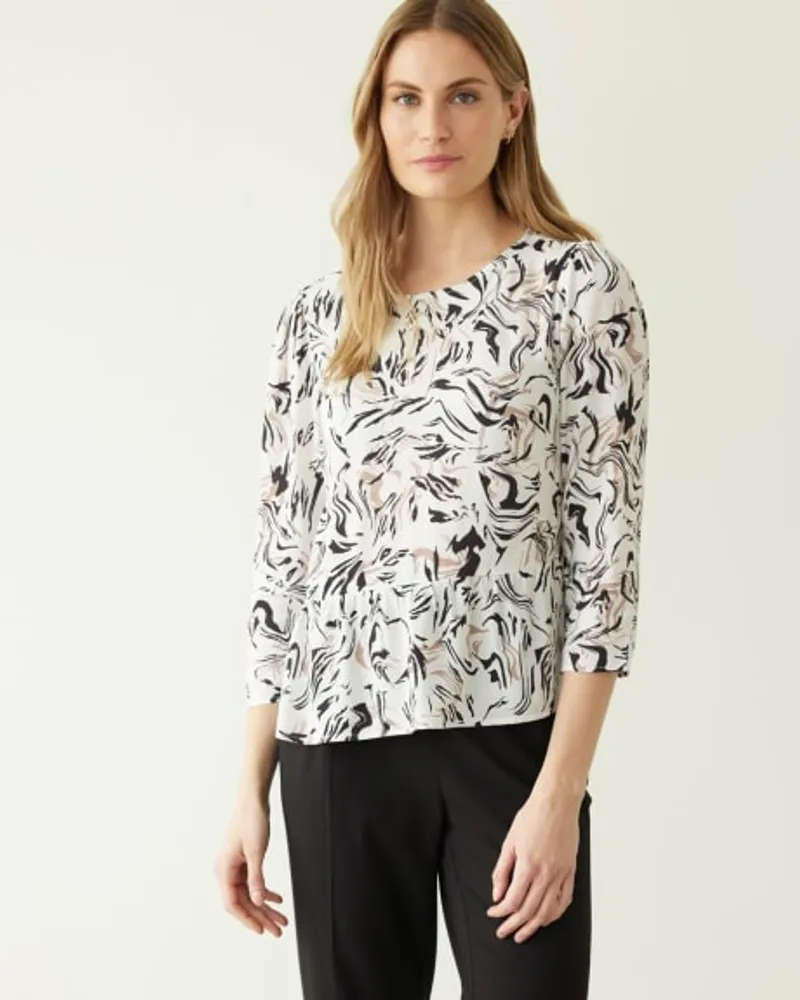 3/4-Sleeve Peplum Blouse with Crew Neckline