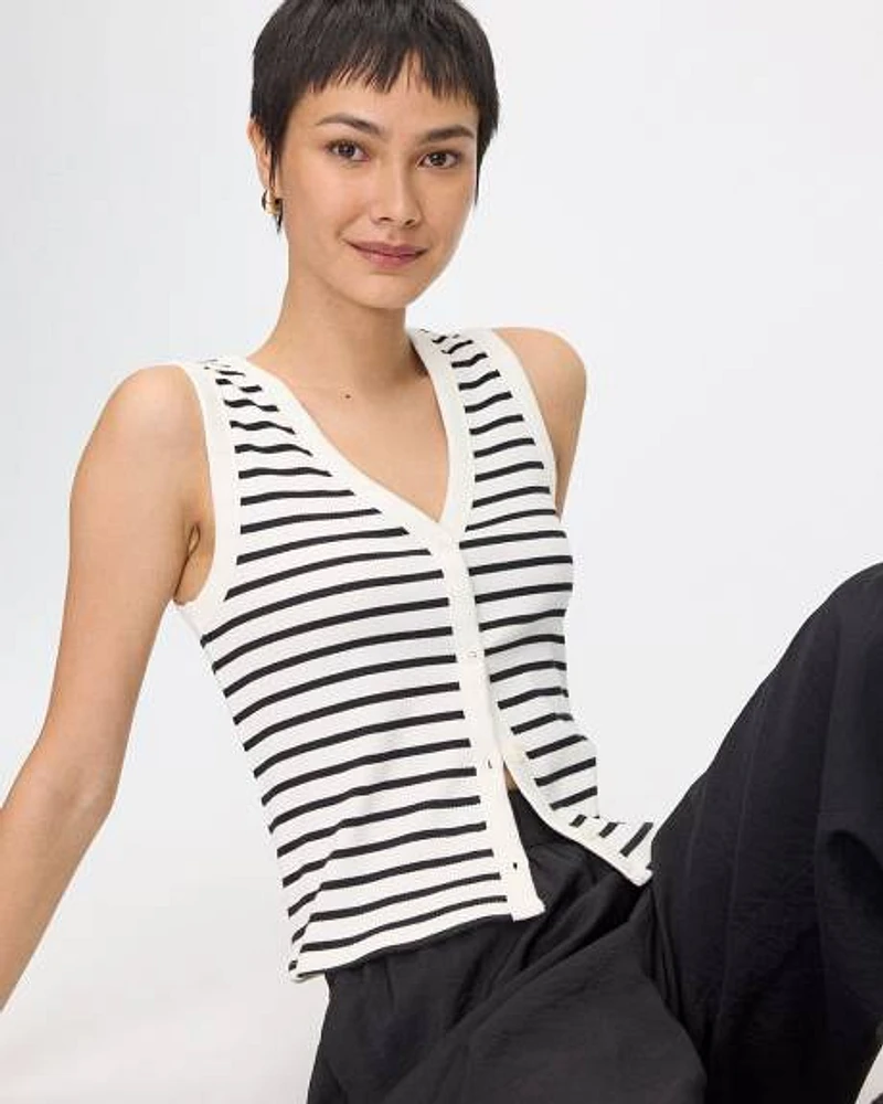 Striped Buttoned-Down V-Neck Tank