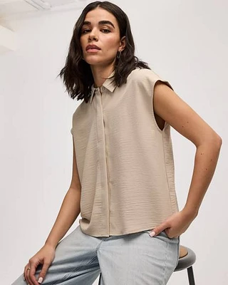 Extended-Sleeve Short Boxy Blouse with Shirt Collar