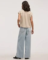 Extended-Sleeve Short Boxy Blouse with Shirt Collar