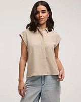 Extended-Sleeve Short Boxy Blouse with Shirt Collar