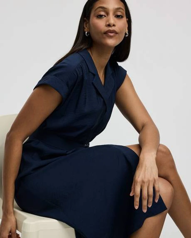 Short-Sleeve Buttoned-Down Midi Dress with Tailored Collar