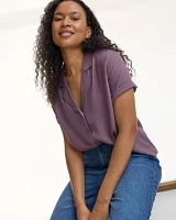 Short-Sleeve Buttoned-Down Blouse with Camp Collar