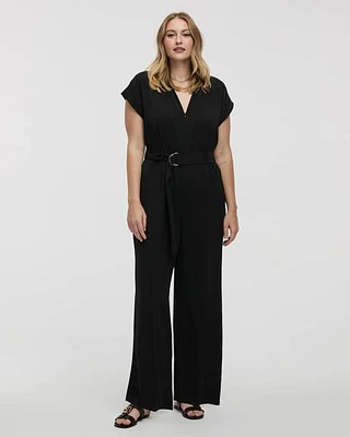 Straight-Leg Extended-Sleeve Belted Jumpsuit