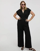 Straight-Leg Extended-Sleeve Belted Jumpsuit