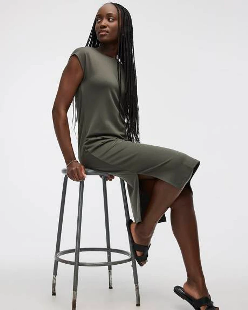 Extended-Sleeve Crew-Neck Midi Dress