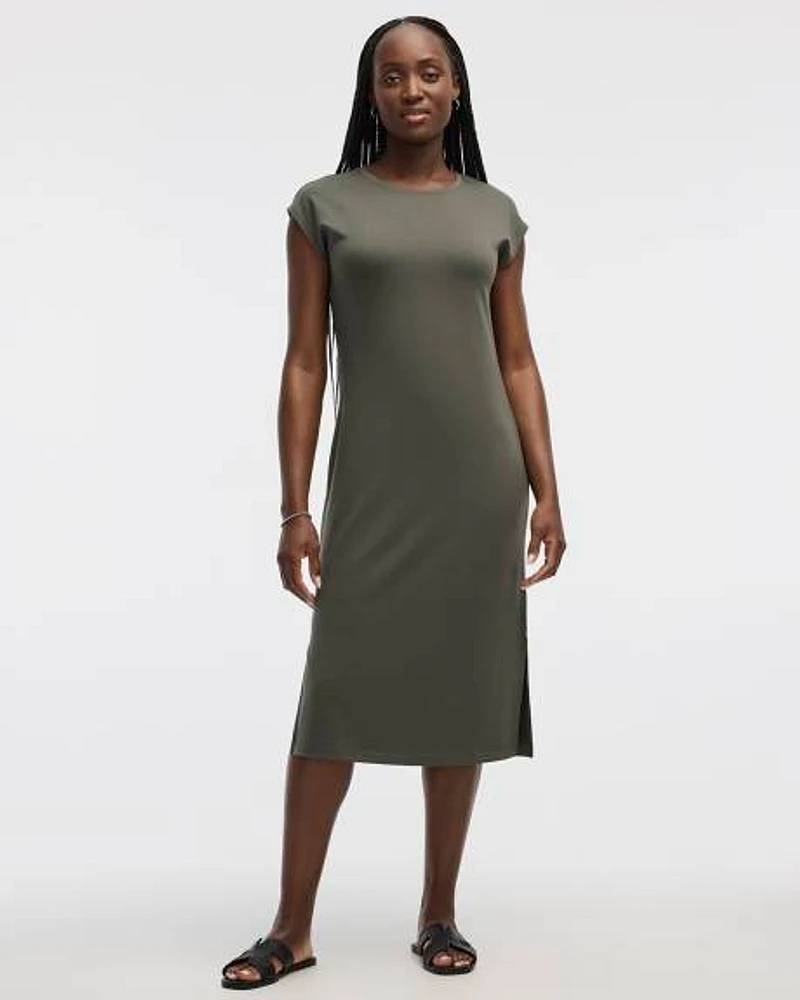 Extended-Sleeve Crew-Neck Midi Dress