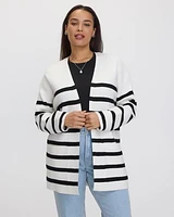 Striped Long-Sleeve Open Cardigan with Pockets