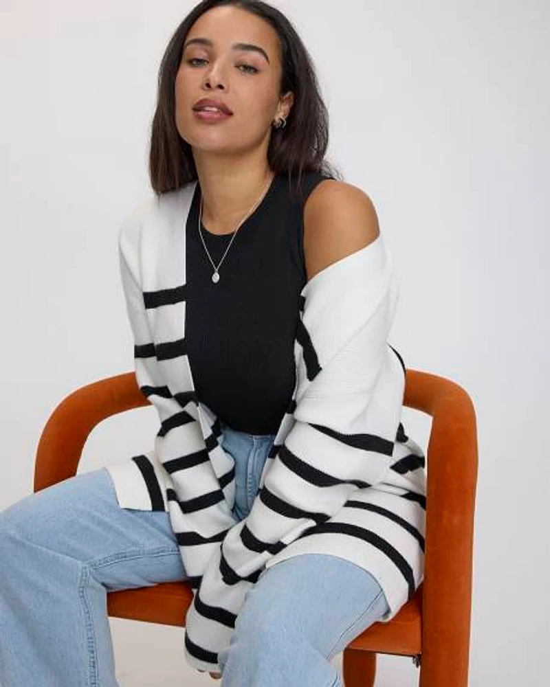 Striped Long-Sleeve Open Cardigan with Pockets