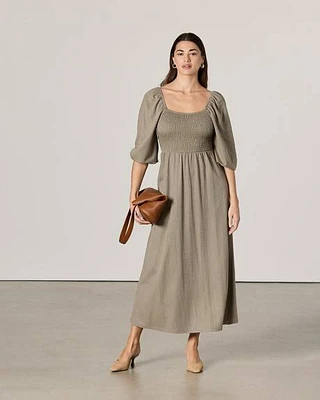 Long-Puffy-Sleeve Midi Dress with Square neckline