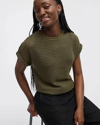 Extended-Sleeve Boat-Neck Mesh Top