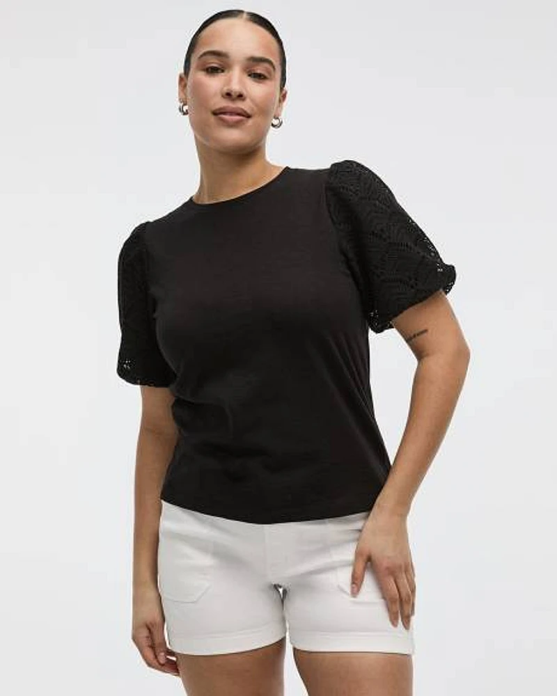 Crew-Neck Mix-Media T-Shirt with Elbow Puffy Sleeves