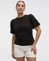 Crew-Neck Mix-Media T-Shirt with Elbow Puffy Sleeves