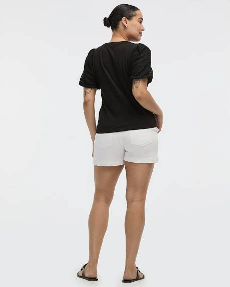 Crew-Neck Mix-Media T-Shirt with Elbow Puffy Sleeves