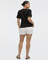 Crew-Neck Mix-Media T-Shirt with Elbow Puffy Sleeves