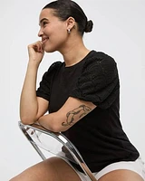 Crew-Neck Mix-Media T-Shirt with Elbow Puffy Sleeves