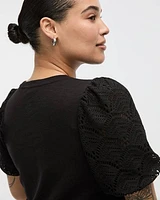 Crew-Neck Mix-Media T-Shirt with Elbow Puffy Sleeves