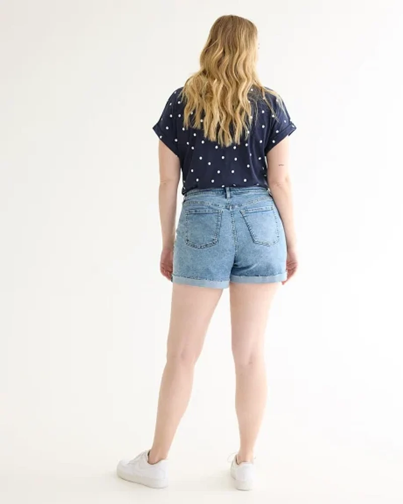 Short en jean à taille mi-haute ourlet brut roulé