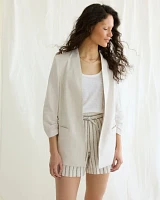 Open Linen Blazer with Ruched Sleeves