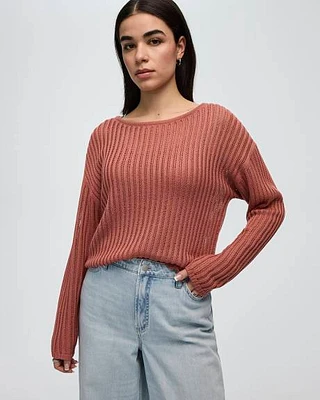 Long-Sleeve Boat-Neck Open-Stitch Pullover