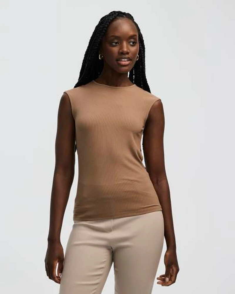 Extended-Sleeve Crew-Neck Ribbed Top