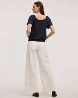Short-Flutter-Sleeve Open-Neck Buttoned-Down Top