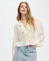 Long-Sleeve V-Neck Blouse with Ruffled Details