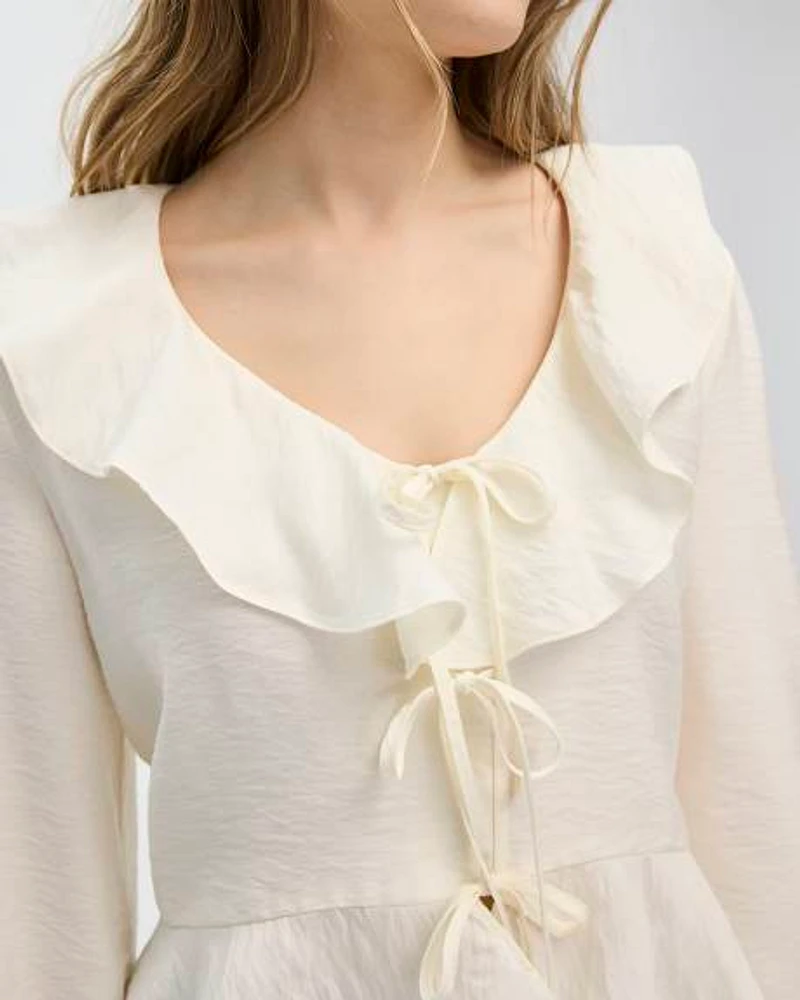 Long-Sleeve V-Neck Blouse with Ruffled Details