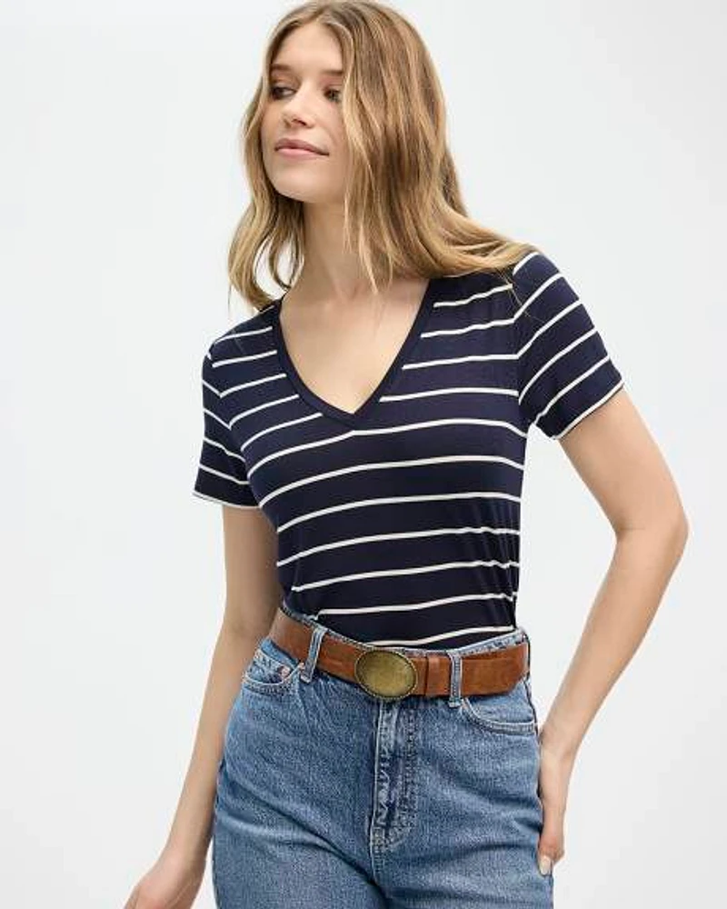 Striped Short-Sleeve V-Neck Tee