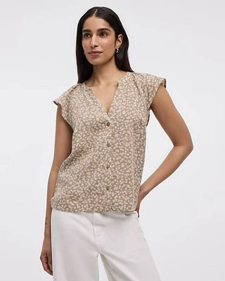 Short-Flutter-Sleeve Split-Neck Buttoned-Down Blouse