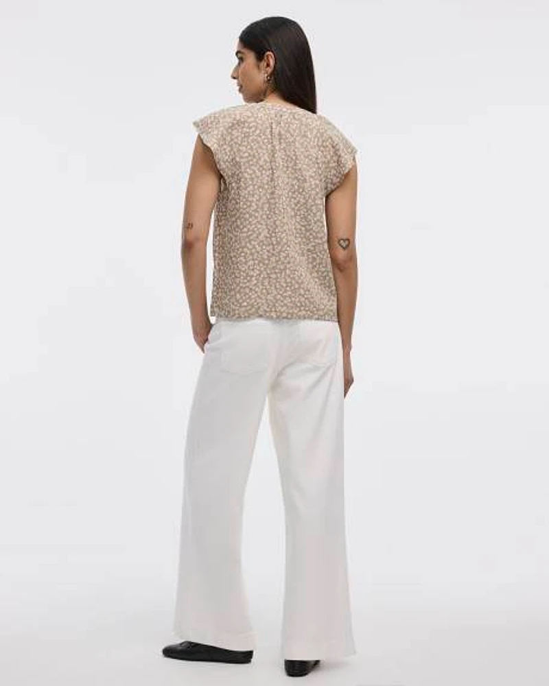 Short-Flutter-Sleeve Split-Neck Buttoned-Down Blouse