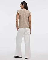 Short-Flutter-Sleeve Split-Neck Buttoned-Down Blouse