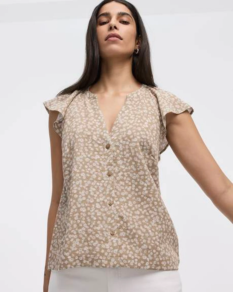 Short-Flutter-Sleeve Split-Neck Buttoned-Down Blouse