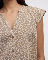 Short-Flutter-Sleeve Split-Neck Buttoned-Down Blouse