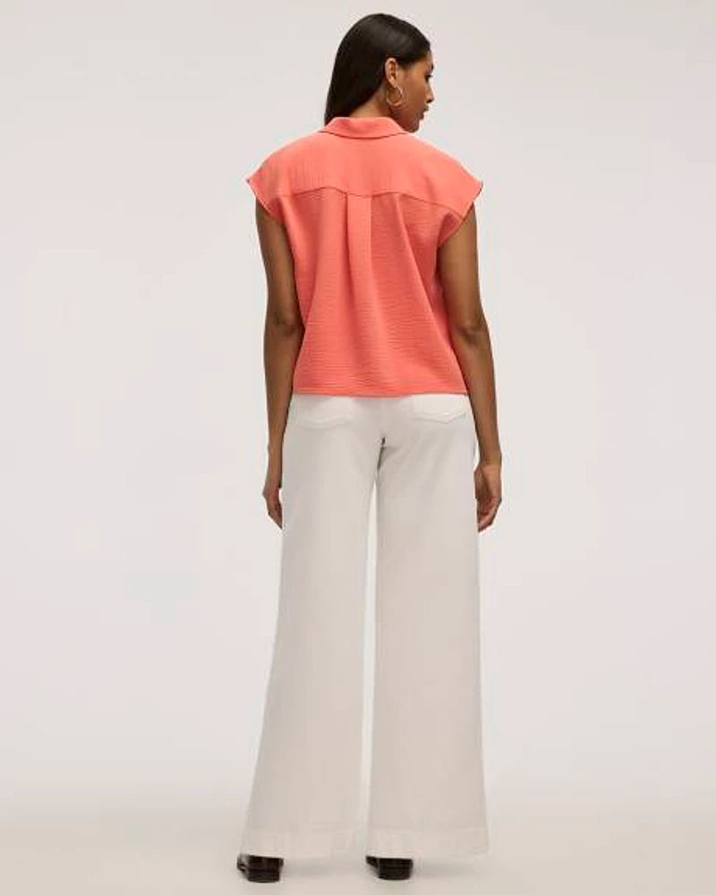 Extended-Sleeve Short Boxy Blouse with Shirt Collar