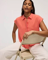 Extended-Sleeve Short Boxy Blouse with Shirt Collar