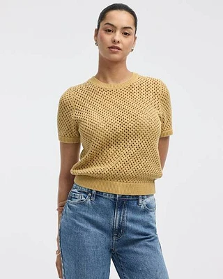 Short-Sleeve Crew-Neck Open-Stitch Pullover