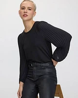 Pleated-Long-Sleeve Boat-Neck Mix-Media Top