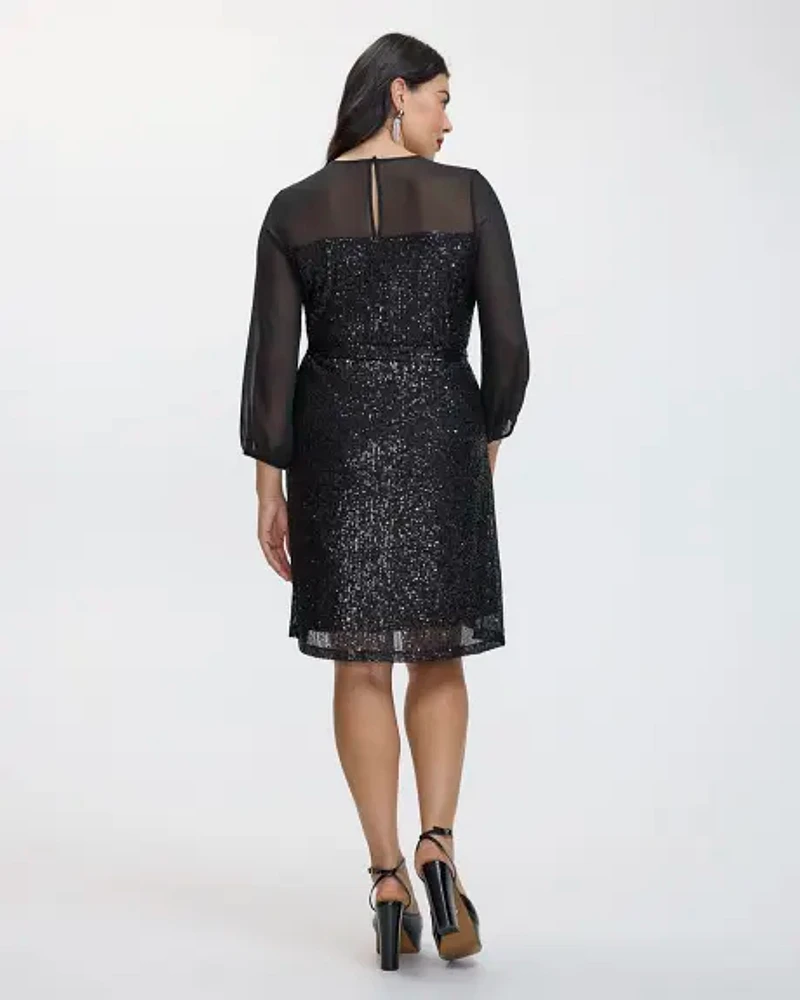 Sequin Shift Dress with Chiffon Long Sleeves