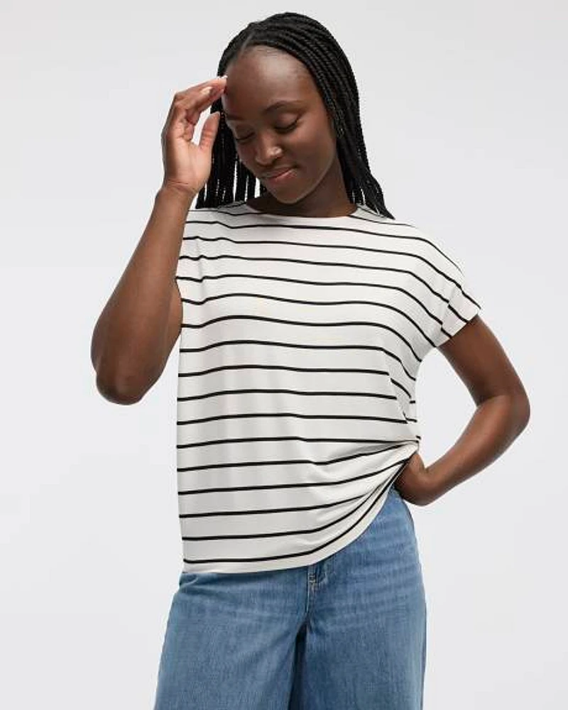 Striped Short-Dolman-Sleeve Boat-Neck T-Shirt