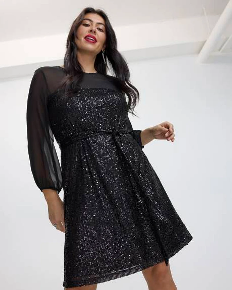 Sequin Shift Dress with Chiffon Long Sleeves