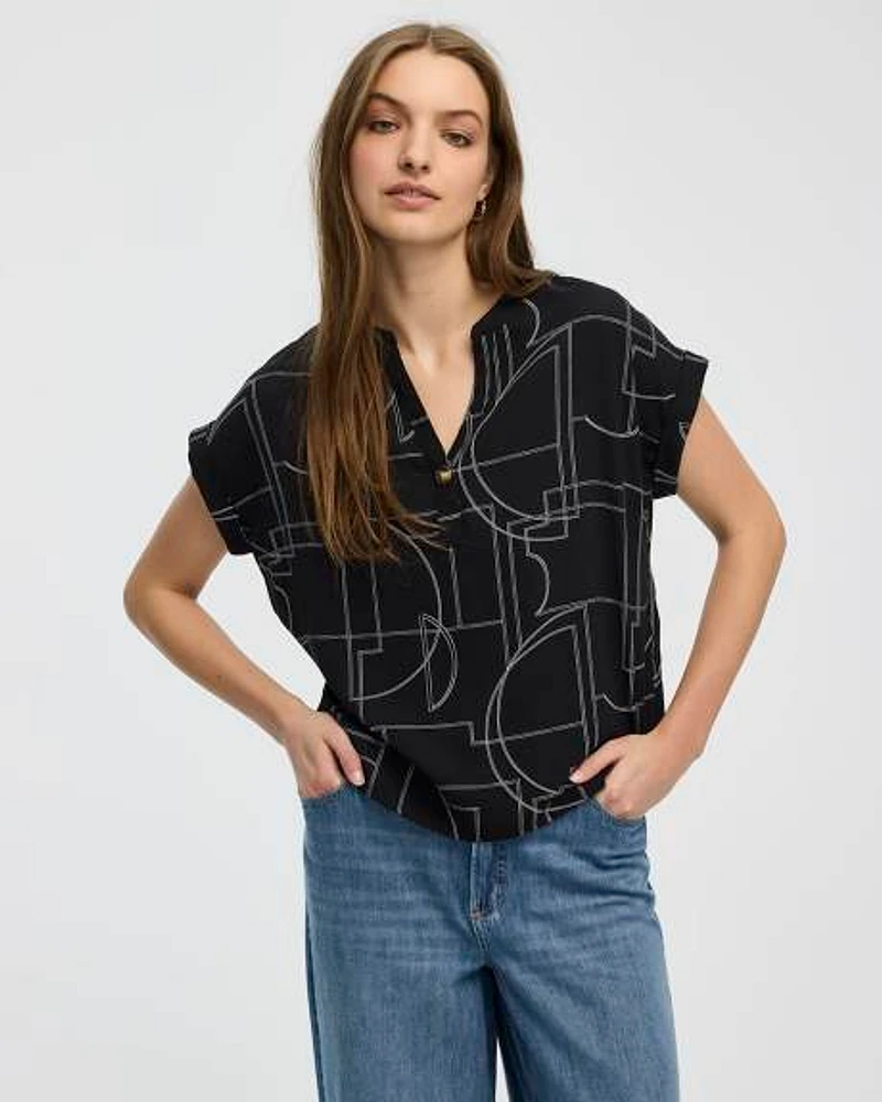 Extended-Sleeve Split-Neck Blouse