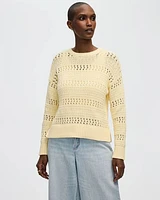 Long-Sleeve Crew-Neck Open-Stitch Pullover