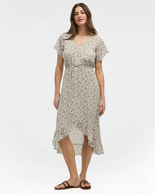 Short-Sleeve V-Neck Midi Dress with High-Low Hem