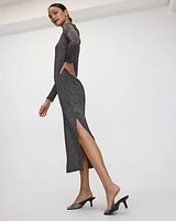 Long-Sleeve Shimmery Mesh Midi Dress