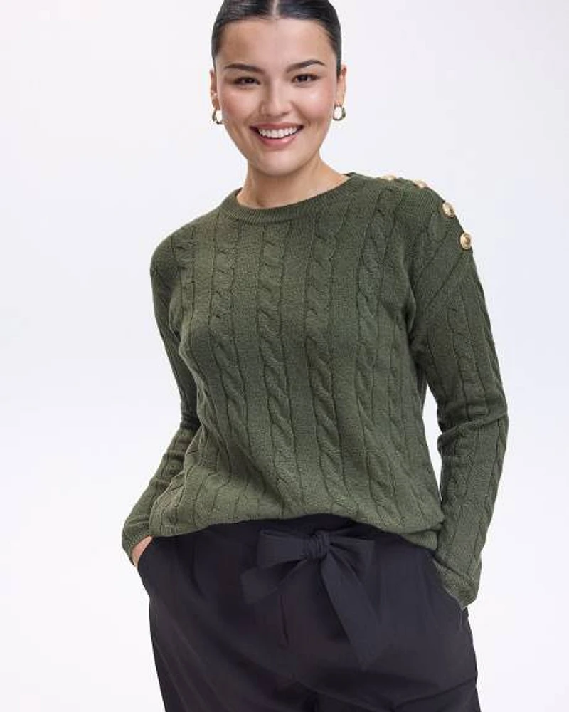 Long-Sleeve Crew-Neck Sweater with Cable Stitches