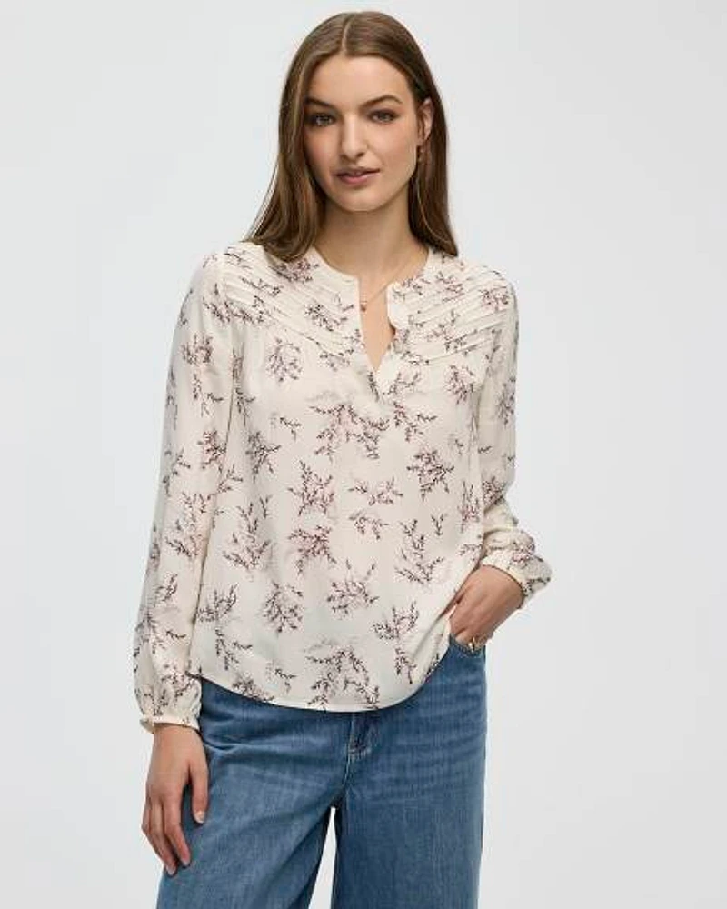 Long-Sleeve Crew-Neck Blouse with Pintucks