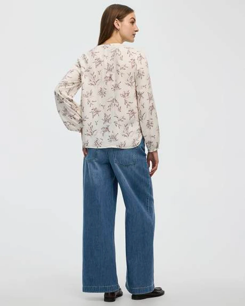 Long-Sleeve Crew-Neck Blouse with Pintucks