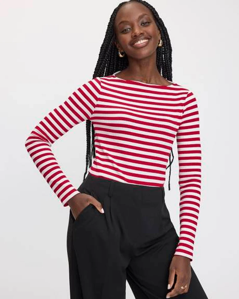 Striped Long-Sleeve Boat-Neck Ribbed Top